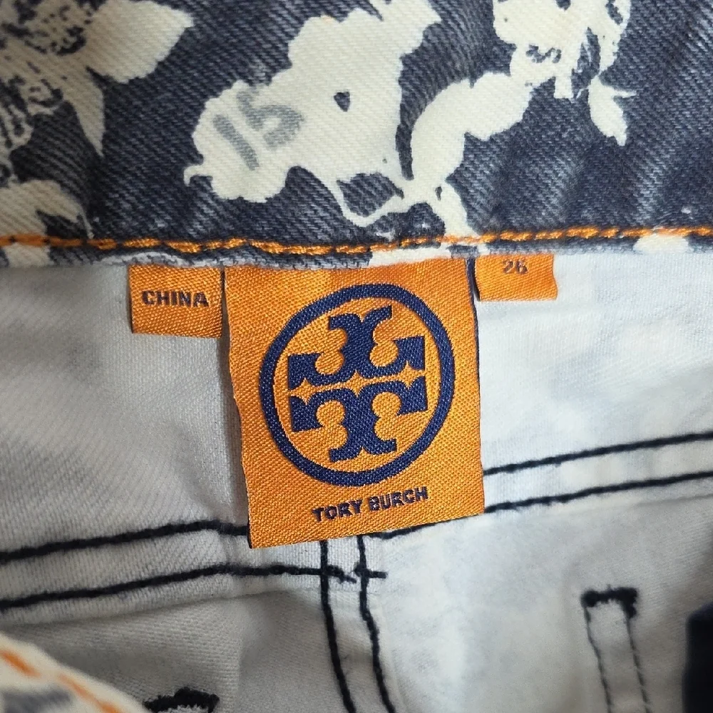 Tory Burch Alexa Floral Cropped Skinny Jeans Blue White Denim Women Sz 26 Preppy